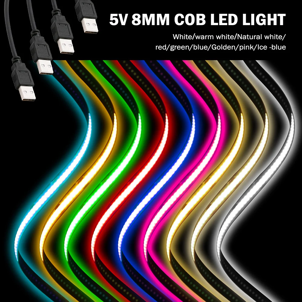 5V 3mm 5mm 8mm PCB COB LED Strip Light USB Powered Red Green Blue Pink Warm White High Density 320LEDs Flexible Ribbon Tape Lamp