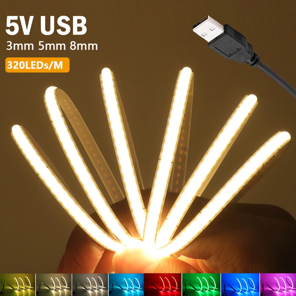 5V 3mm 5mm 8mm PCB COB LED Strip Light USB Powered Red Green Blue Pink Warm White High Density 320LEDs Flexible Ribbon Tape Lamp