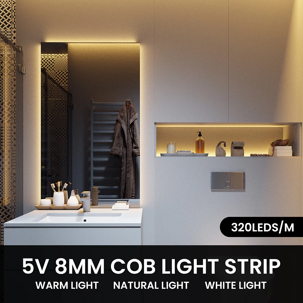 5V 3mm 5mm 8mm PCB COB LED Strip Light USB Powered Red Green Blue Pink Warm White High Density 320LEDs Flexible Ribbon Tape Lamp