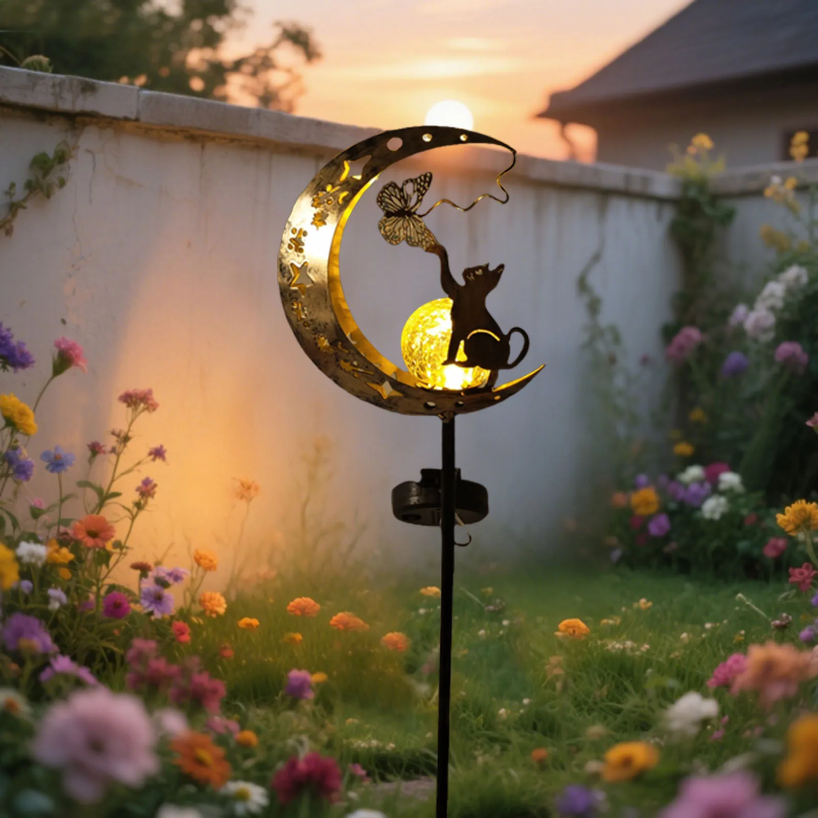 1 PC Cat Moon-Shaped Iron Solar Lamp Outdoor Garden Decorative Lighting Automatic Sensor Solar Powered