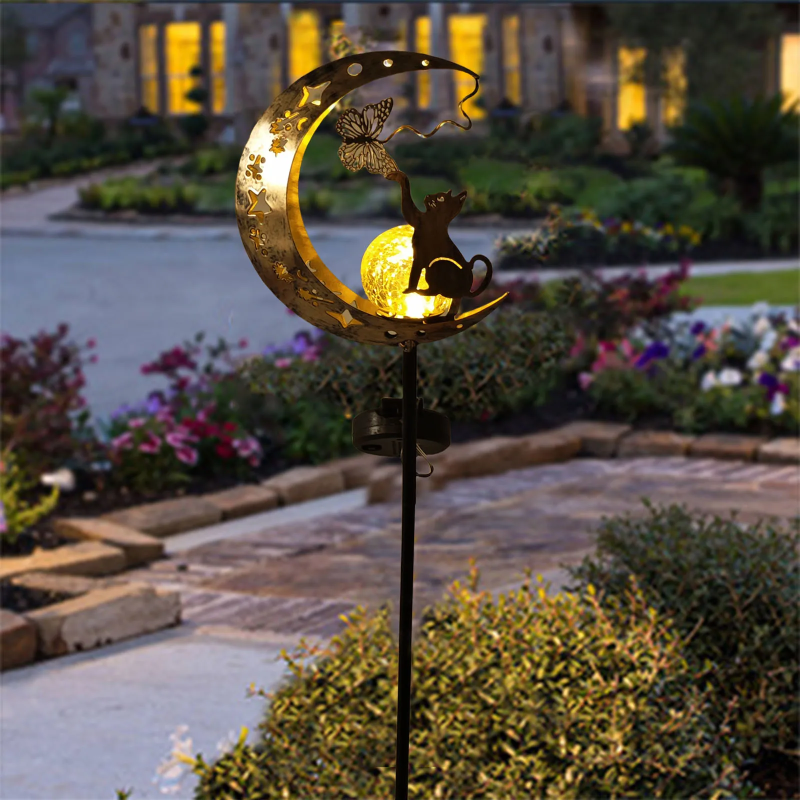 1 PC Cat Moon-Shaped Iron Solar Lamp Outdoor Garden Decorative Lighting Automatic Sensor Solar Powered