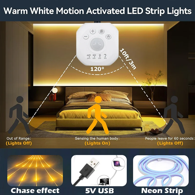 Sensor Stair Lights, Motion Activated Light Strip with Dimmer 5V Flex Ribbon Chasing Flowing Led Strip Lights Flexible Ribbon