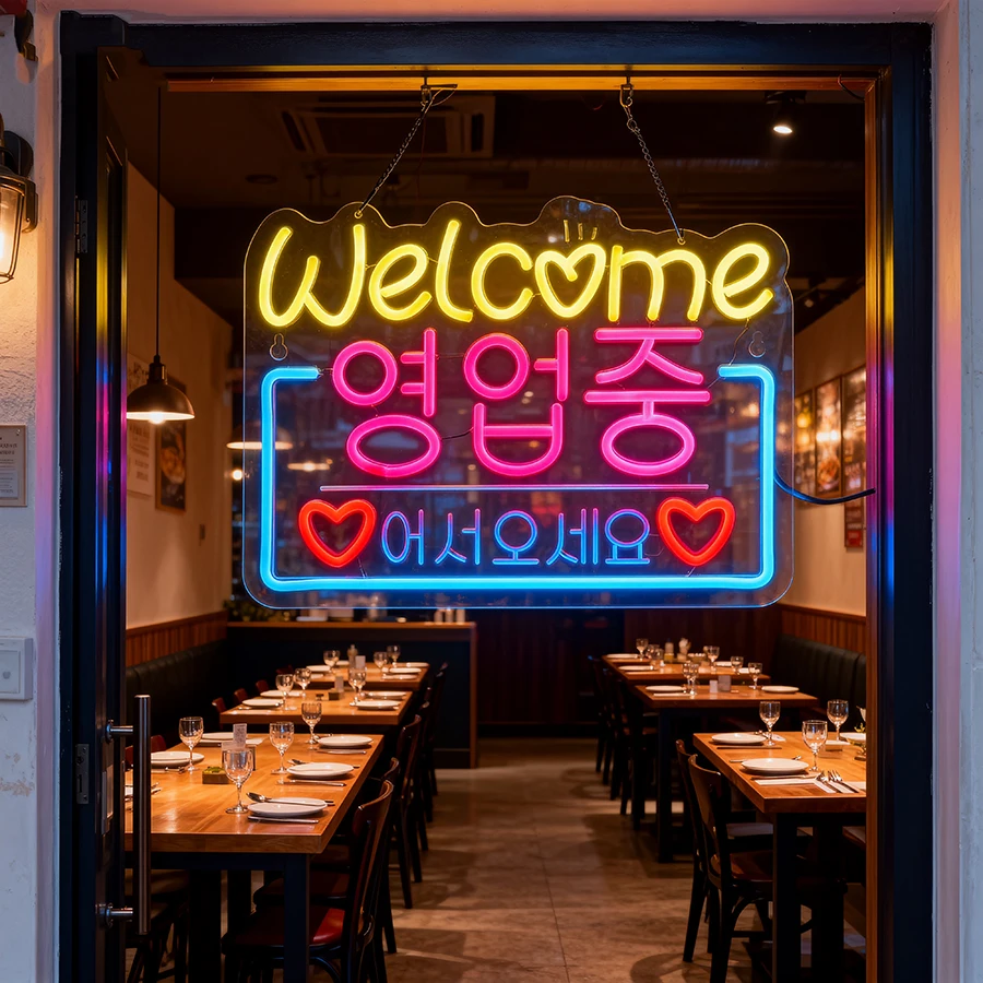 Korean Welcome on Sale Neon Sign, LED Neon Light for Restaurant Store Salon Shop Cafe Bar Market Party Decor USB Powered
