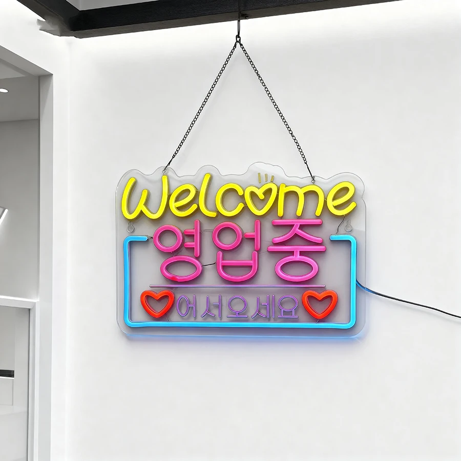 Korean Welcome on Sale Neon Sign, LED Neon Light for Restaurant Store Salon Shop Cafe Bar Market Party Decor USB Powered