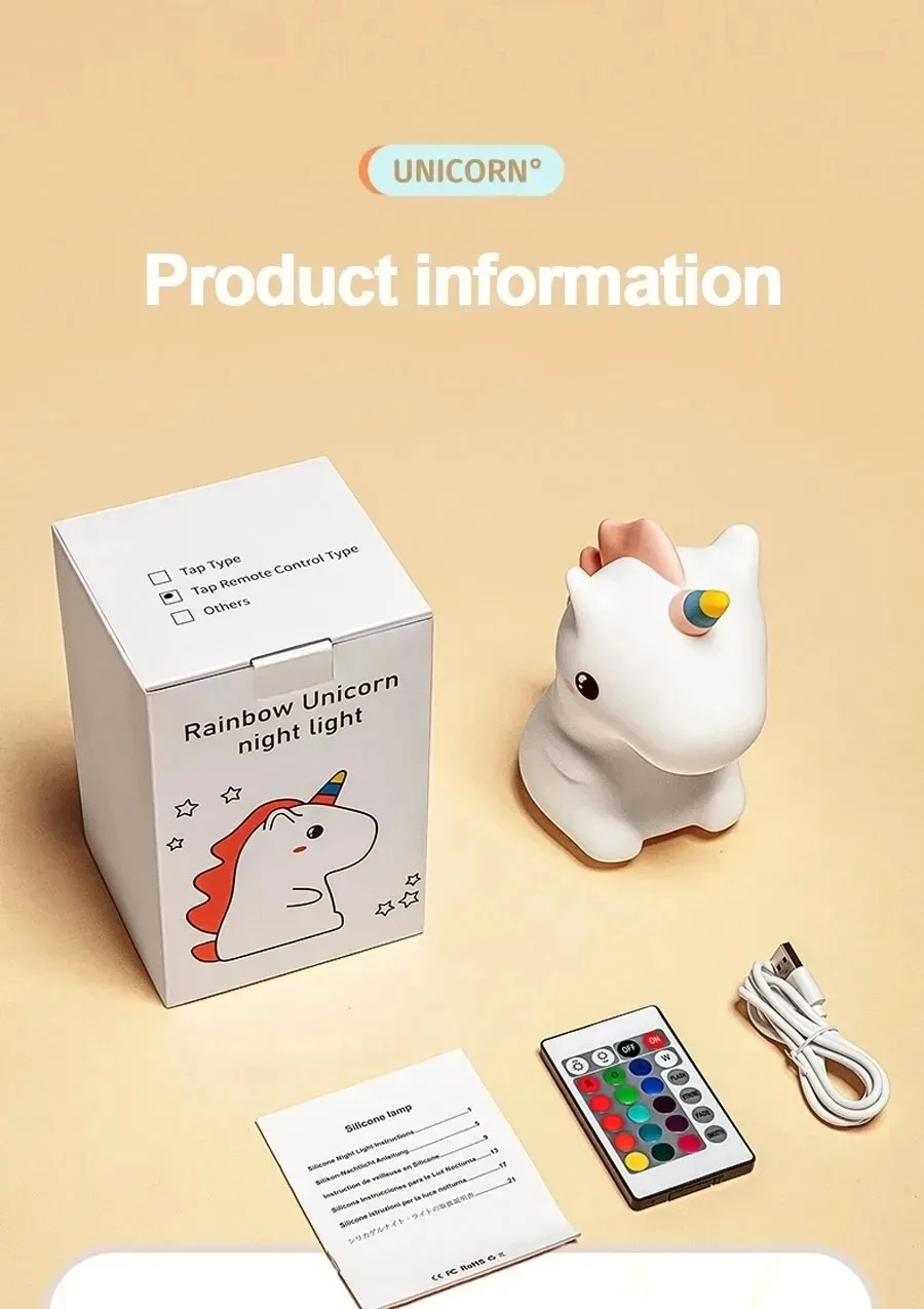 Unicorn Cute Silicone LED Night Light For Kids Children USB Rechargeable Cartoon Animal Bedroom Decor Touch Night Lamp for Gifts