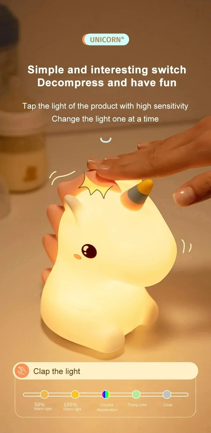 Unicorn Cute Silicone LED Night Light For Kids Children USB Rechargeable Cartoon Animal Bedroom Decor Touch Night Lamp for Gifts