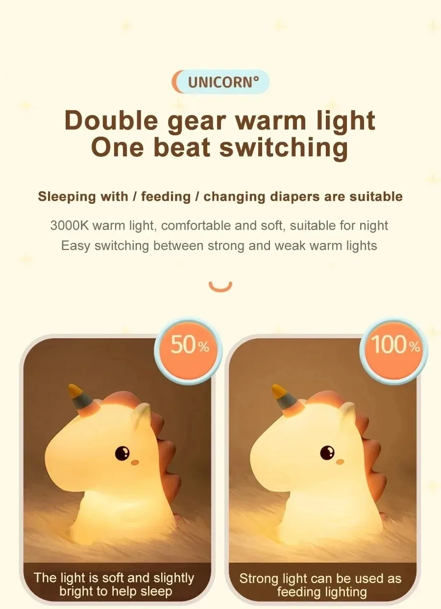 Unicorn Cute Silicone LED Night Light For Kids Children USB Rechargeable Cartoon Animal Bedroom Decor Touch Night Lamp for Gifts