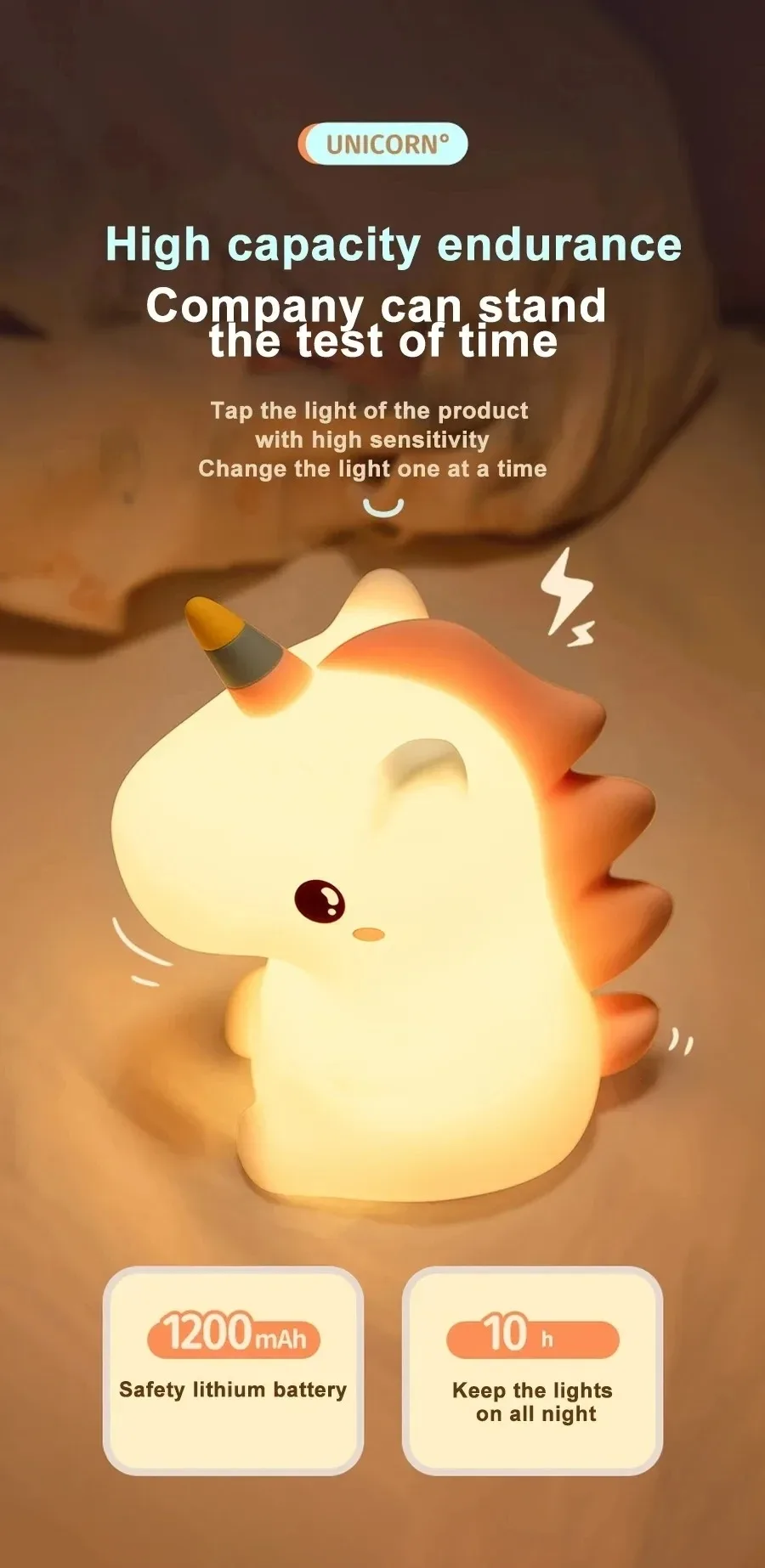 Unicorn Cute Silicone LED Night Light For Kids Children USB Rechargeable Cartoon Animal Bedroom Decor Touch Night Lamp for Gifts