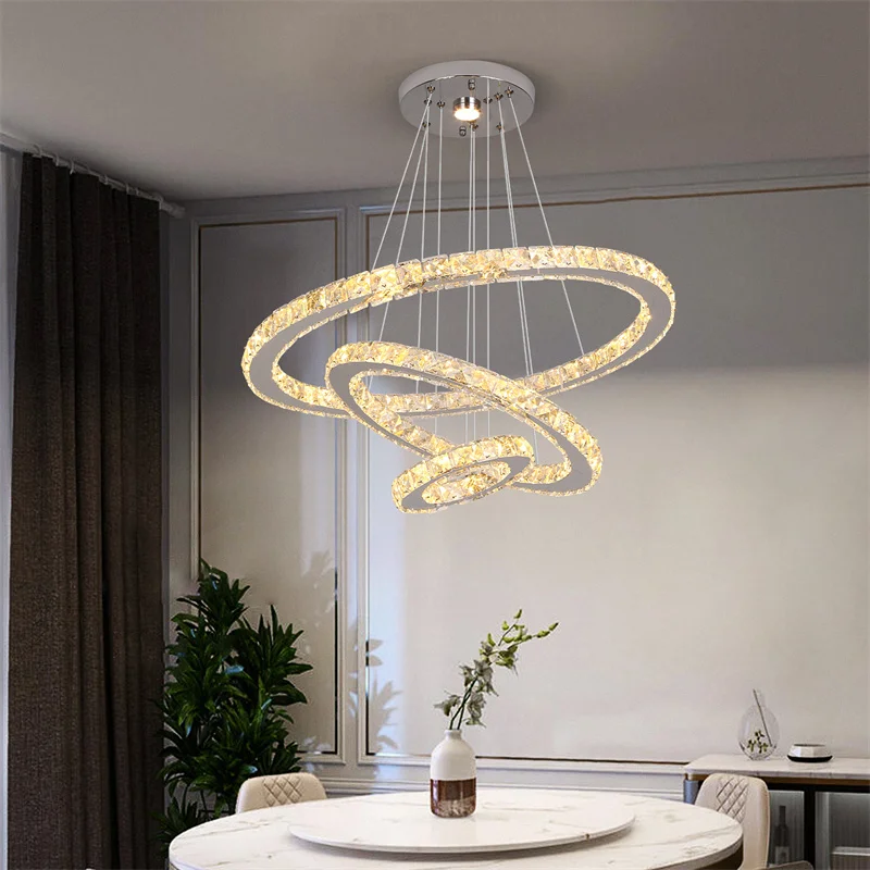 Modern Crystal Rings Led Chandelier Indoor Luxury Ceiling Lamp Dimming And Remote Control Pendan Lighting Chrome Lustre Fixtures