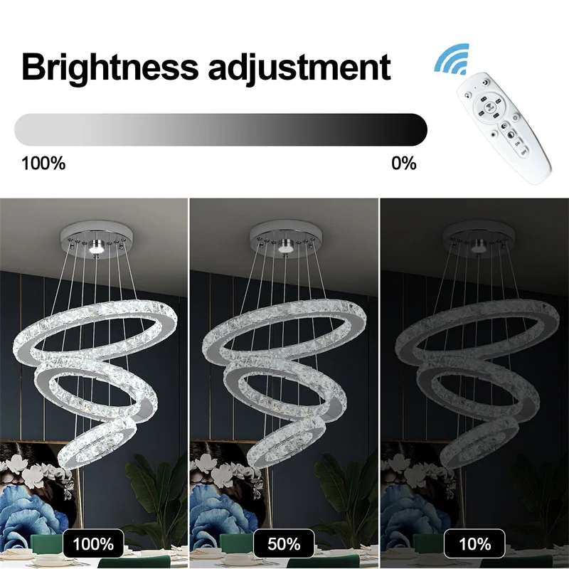 Modern Crystal Rings Led Chandelier Indoor Luxury Ceiling Lamp Dimming And Remote Control Pendan Lighting Chrome Lustre Fixtures