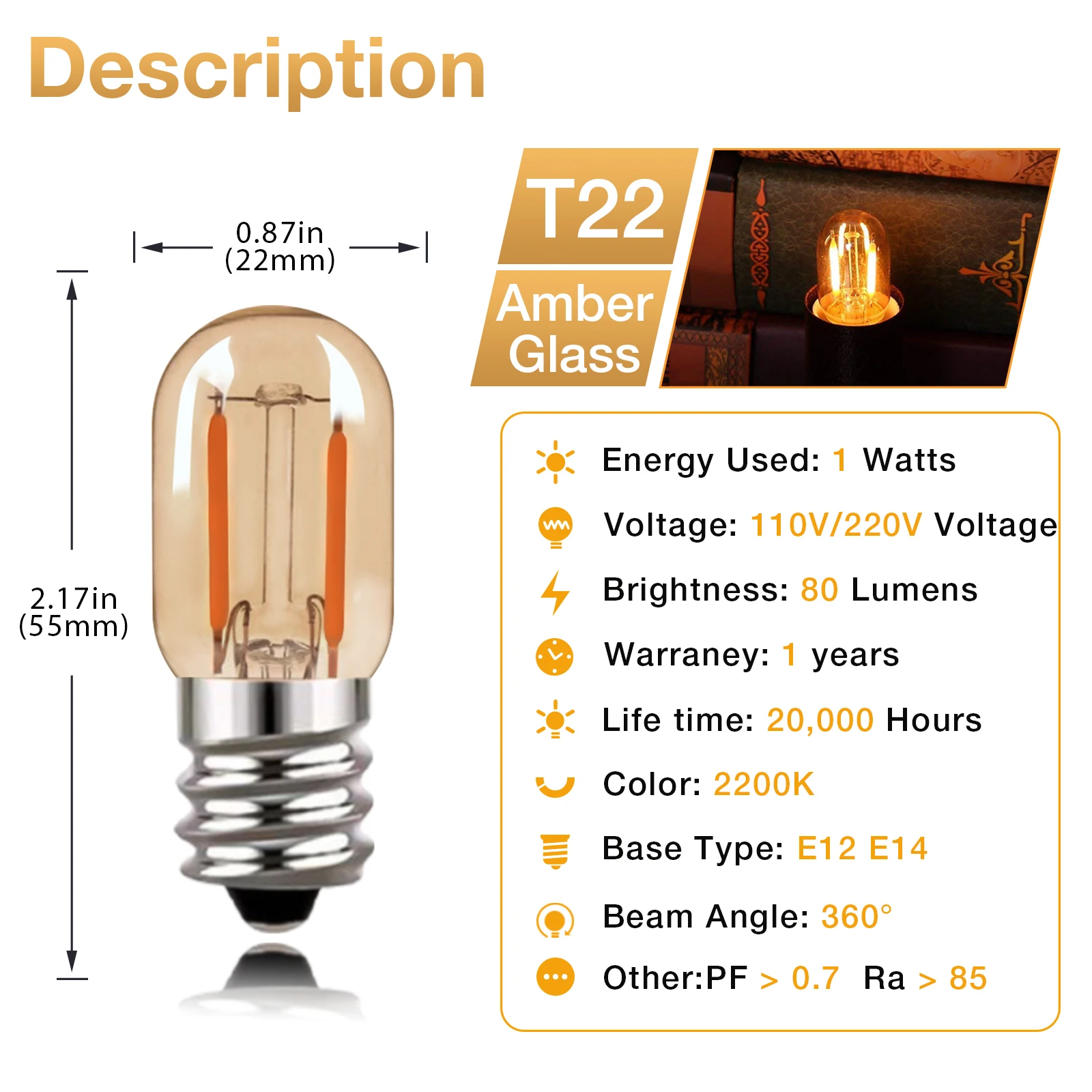 Sphoon 1W Led Tubular Light Bulbs E12 E14 Screw Base Gold Tint Glass Warm White 2200K Dimmable Antiqued Mini Decor Edison Bulb