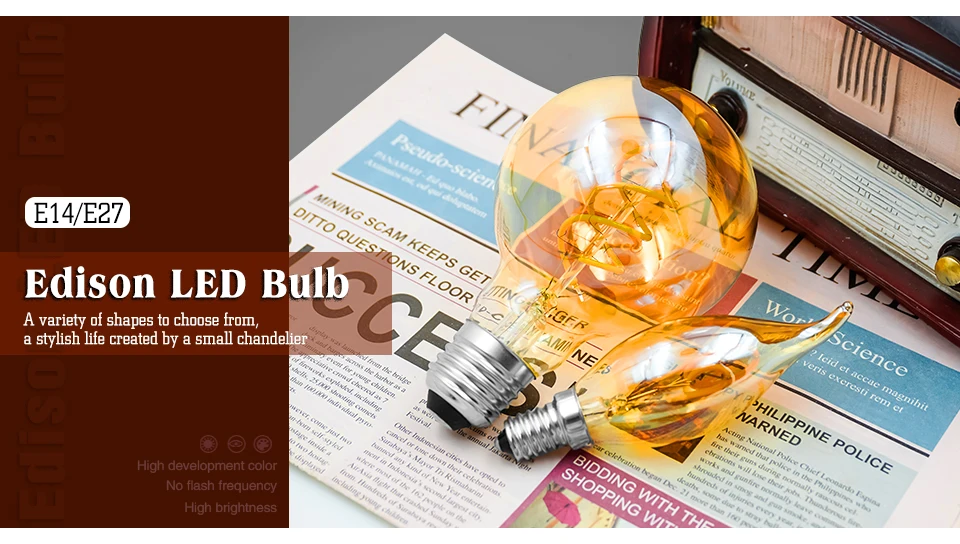 Retro Spiral Filament LED Bulb A60 C35 ST64 T45 G80 G95 G125 T1225 4W E27 220V Dimmable Edison Lamp 2200K Warm Yellow Led Light