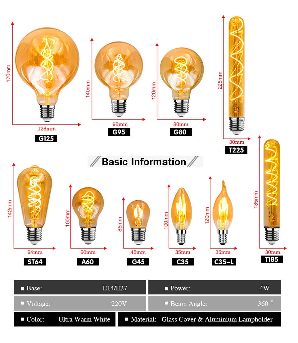Retro Spiral Filament LED Bulb A60 C35 ST64 T45 G80 G95 G125 T1225 4W E27 220V Dimmable Edison Lamp 2200K Warm Yellow Led Light