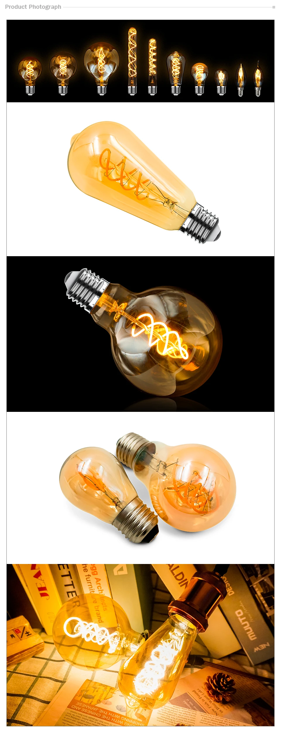 Retro Spiral Filament LED Bulb A60 C35 ST64 T45 G80 G95 G125 T1225 4W E27 220V Dimmable Edison Lamp 2200K Warm Yellow Led Light