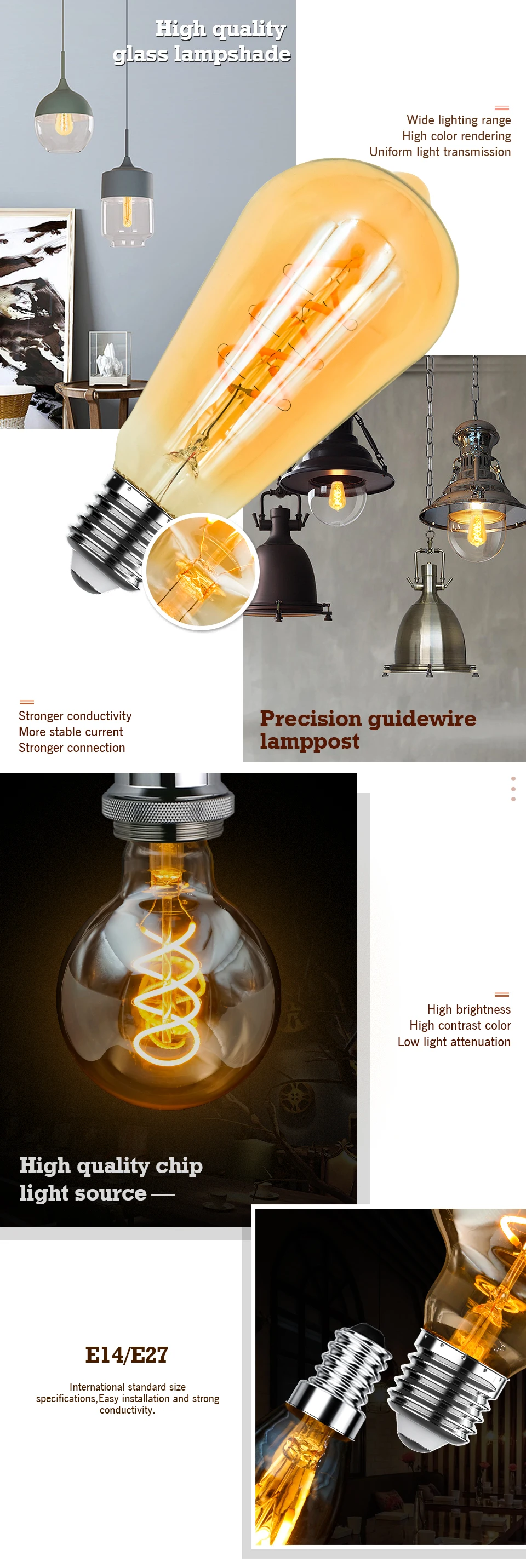 Retro Spiral Filament LED Bulb A60 C35 ST64 T45 G80 G95 G125 T1225 4W E27 220V Dimmable Edison Lamp 2200K Warm Yellow Led Light