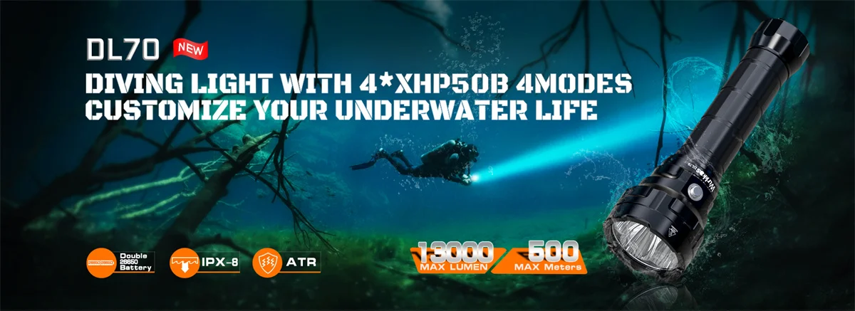 Wurkkos DL40 Diving Flashlight 5000 Lumens Ultra-Bright Equipped with 4 LEDS 90 CRI 26650 Battery IPX-8 Waterproof Rating