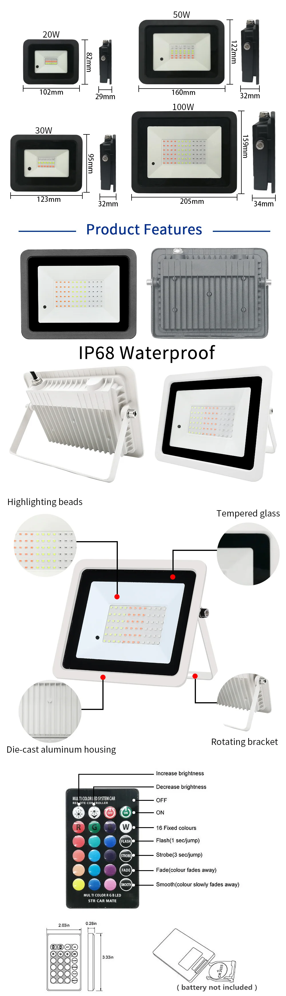 RGB Flood Light 100W 50W 30W 20W RGB Reflector IP68 Waterproof LED Spotlight 110V/220V Projector Lamp Outdoor Garden Lighting