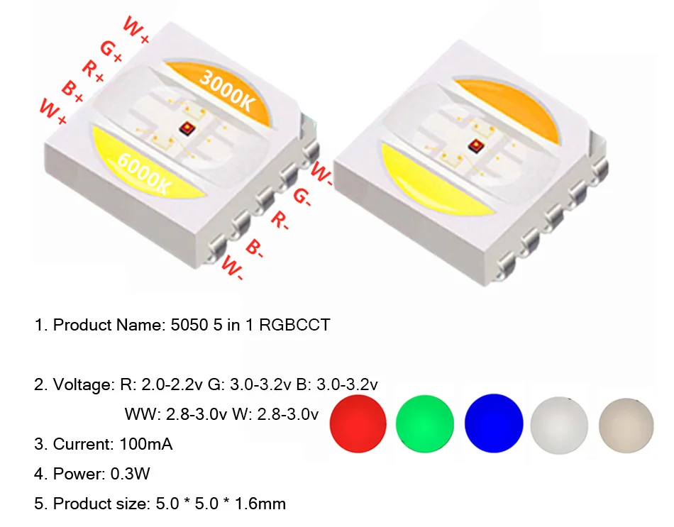 5050 RGB+CCT LED Chip 5050 RGBW WW LED light beads 5050 SMD Beads White+ Warm White + RGB 5 in 1 Chip light-emitting diode