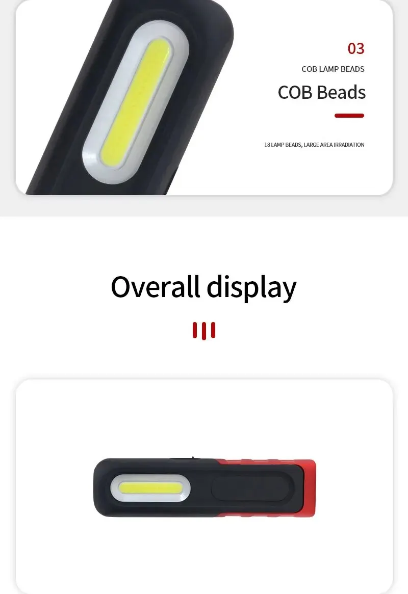 Portable USB Rechargeable Work Light Magnetic COB LED Flashlight Hanging Lamp with Built-in Battery Camping Torch