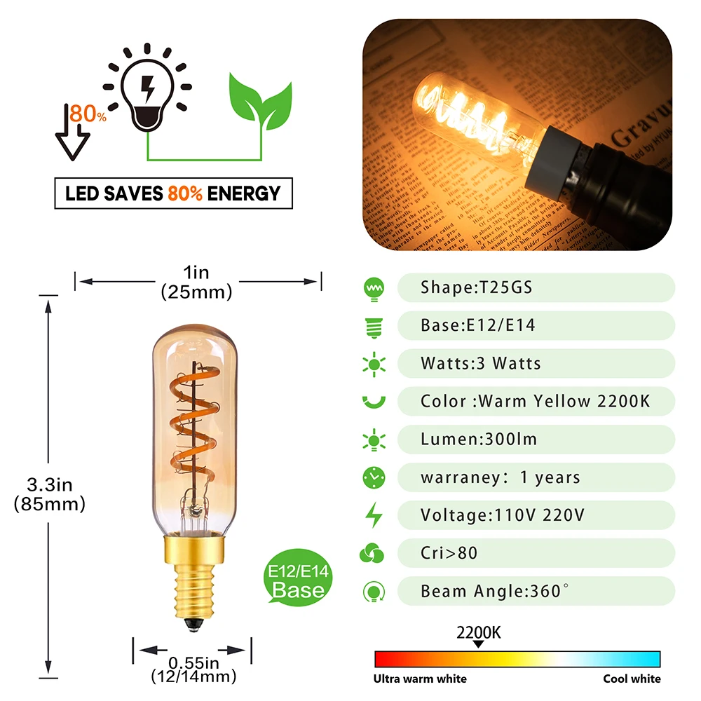 Tubular Retro Night Bulb E14 E12 220V 110V Dimmable 3W 2200K Soft Filament Living Room Table Light Chandelier Replaceable Bulbs