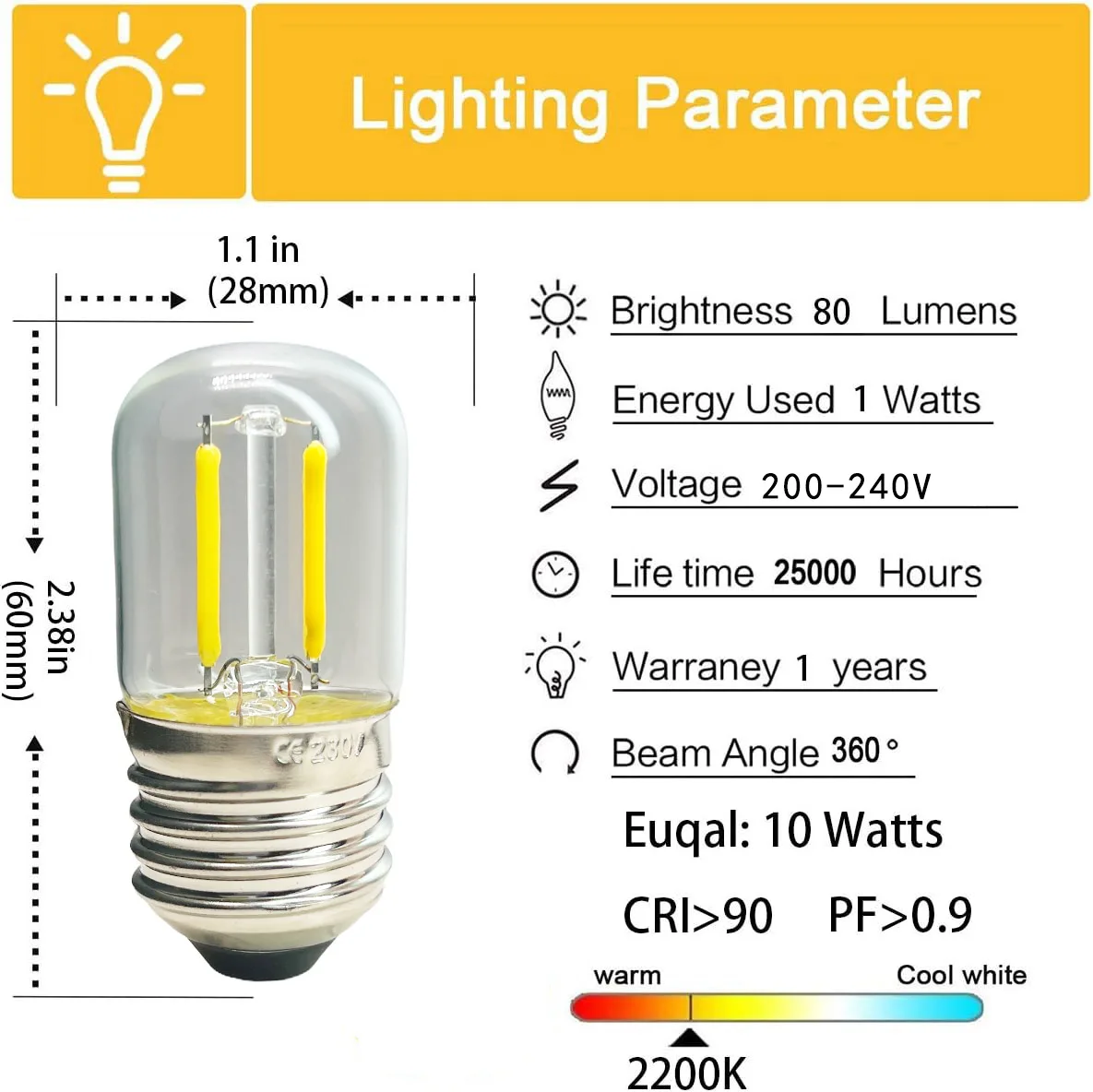 AC 220V E27 T28 1W LED Tube Light Bulb Vintage Retro COB Filament 2200K Warm White Glass Shell Replace Incandescent Lamps