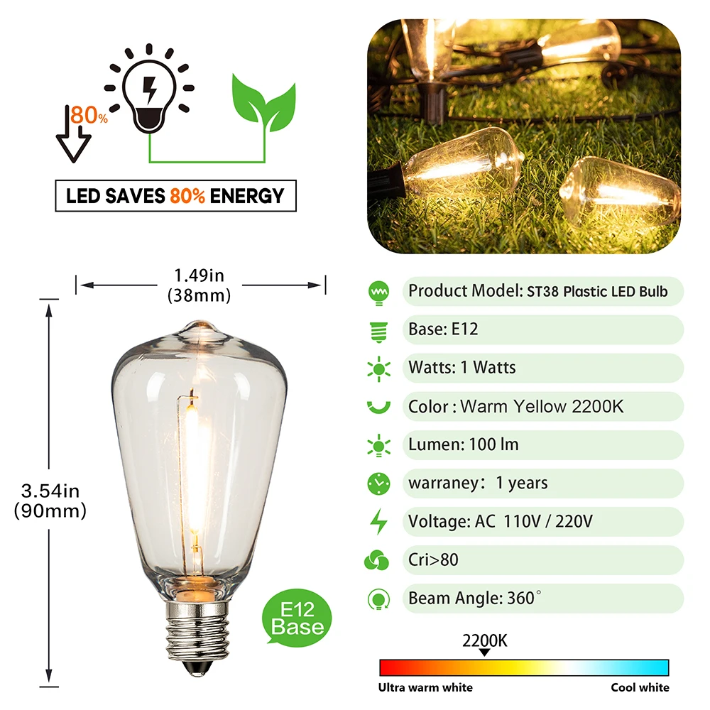 Retro ST38 Plastic LED Bulb E12 110V 220V 1W Dimmable Shatterproof for Garden Waterproof Garland String Light Replacement Bulbs