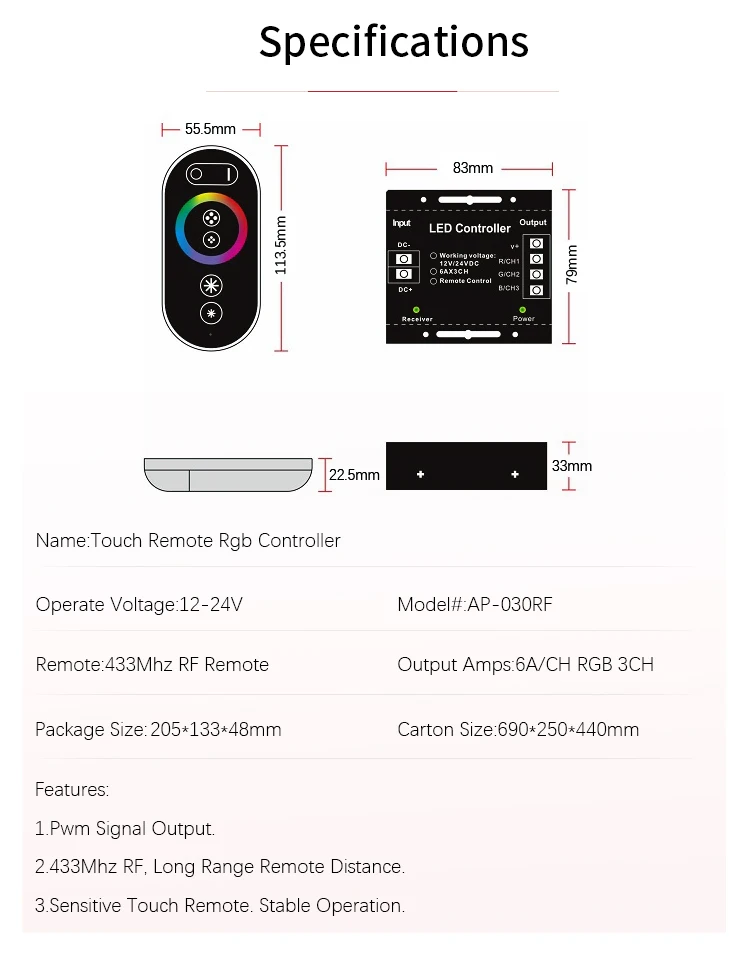 Small Iron Shell LED Light Strip Controller RF433 Touch Remote Control DC12-24V 30A Dimming DIM Cct Rgb Smd Cob Dimmer 6A/CH