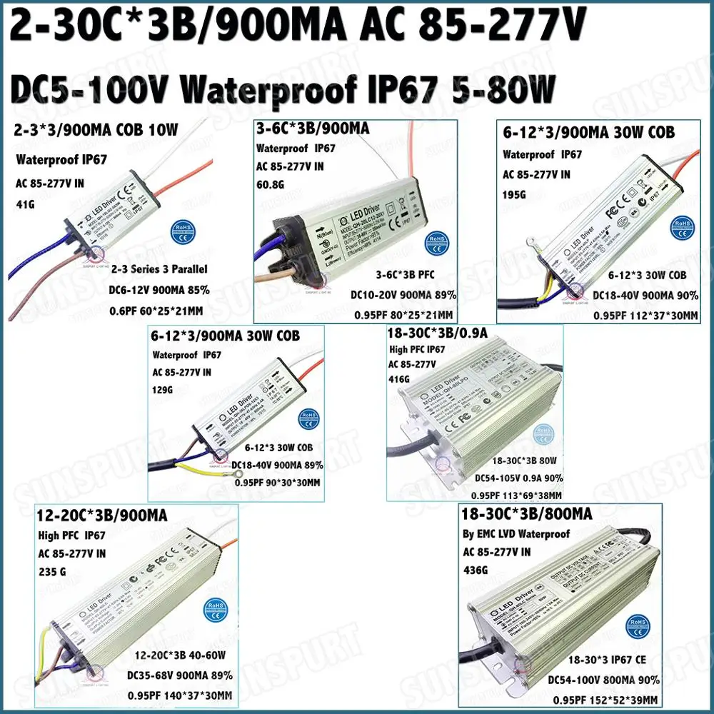 1-10PCS High Power LED Driver 300MA 450MA 600MA 900MA 5W 10W 12W 20W 36W 60W Inside External IP67 Constant Current Adapter Chip