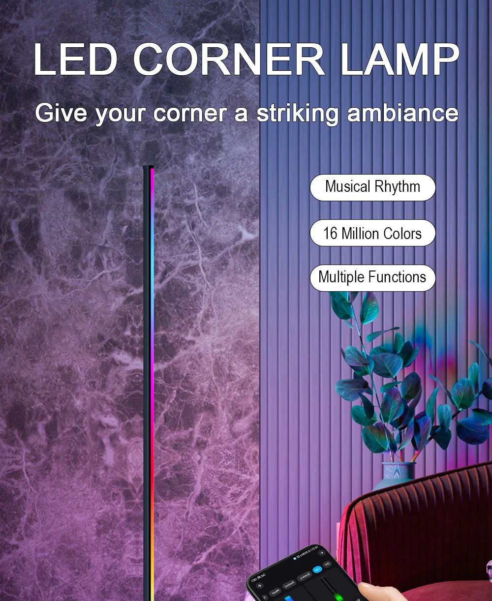 140cm RGB LED floor atmosphere dimmable RGB Modern indoor corner standing lights Bedroom Lamp Mood Lighting decorative light
