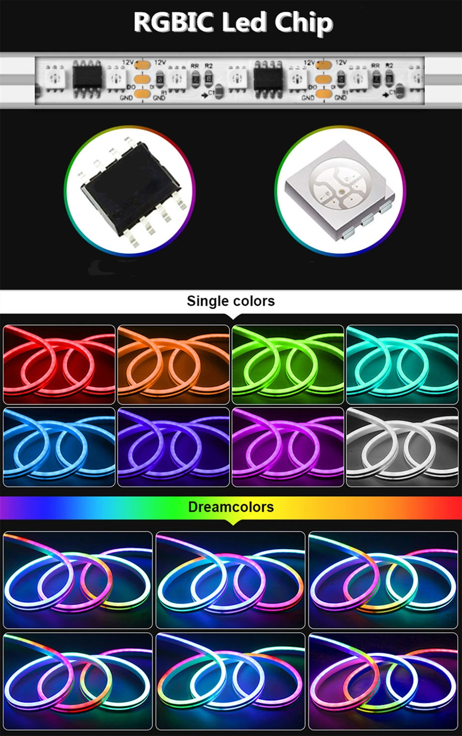 IP67 Tuya WiFi 12V RGBIC Neon Light Led Strips 96LEDs/m Smart RGB Chasing Led Neon Rope Tape For Room Decoration Work With Alexa