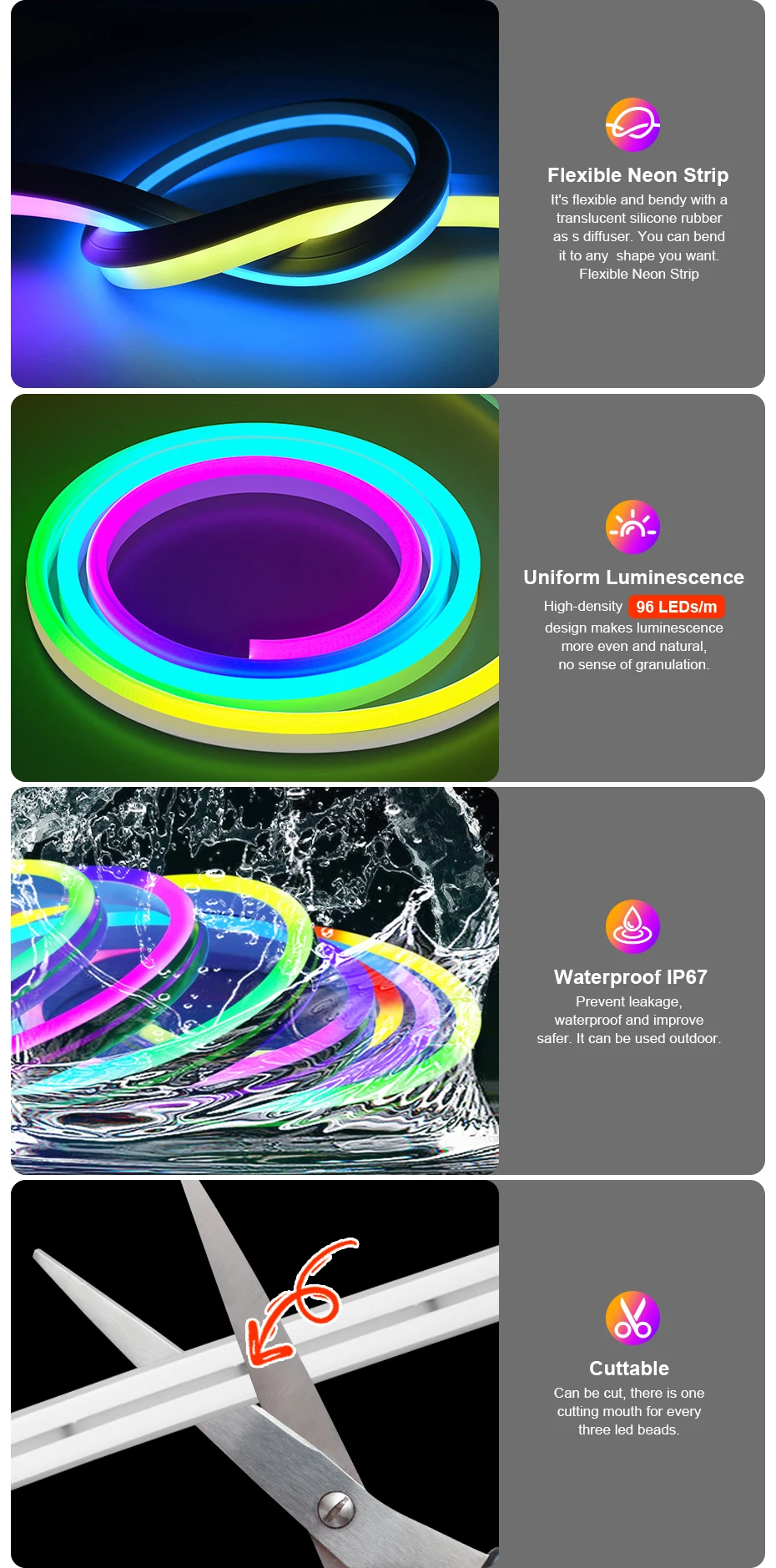 IP67 Tuya WiFi 12V RGBIC Neon Light Led Strips 96LEDs/m Smart RGB Chasing Led Neon Rope Tape For Room Decoration Work With Alexa
