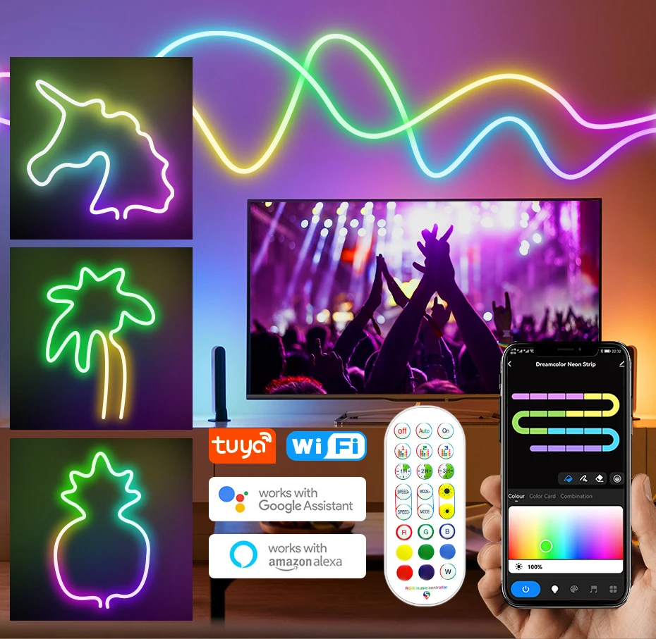 IP67 Tuya WiFi 12V RGBIC Neon Light Led Strips 96LEDs/m Smart RGB Chasing Led Neon Rope Tape For Room Decoration Work With Alexa