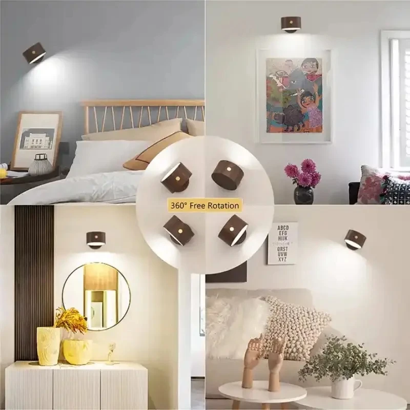 Wooden Indoor Bedroom Living Room Wall Mounted Lamp Down Touch Usb Charging 360 Degree Rotating Magnetic Sconce Light
