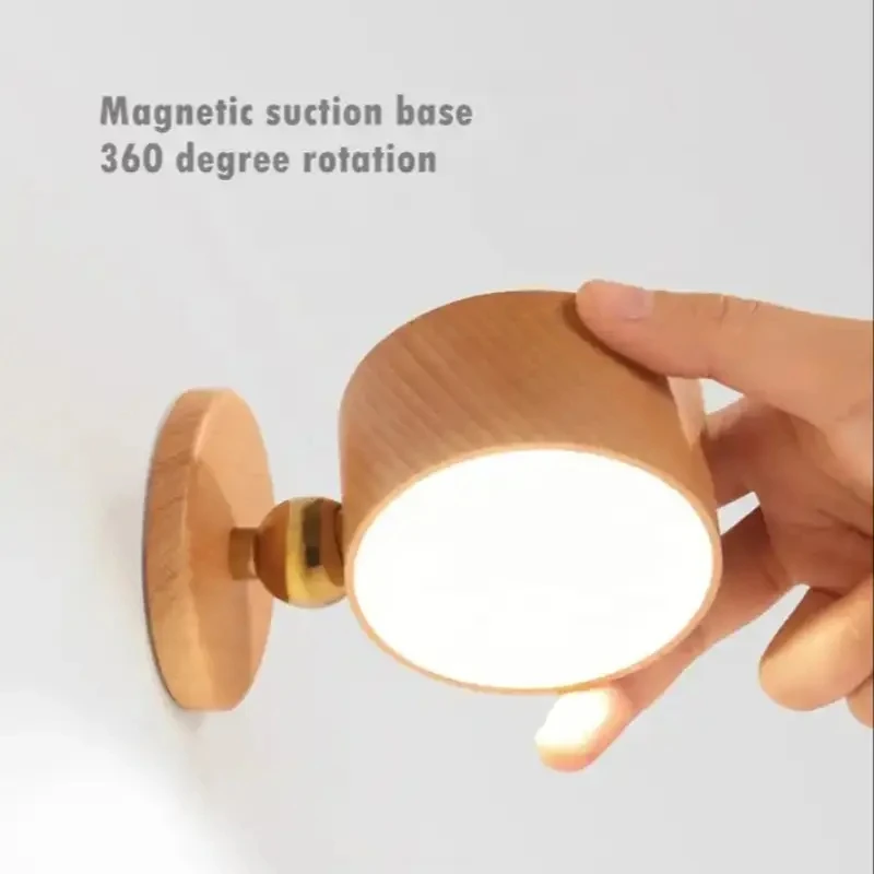 Wooden Indoor Bedroom Living Room Wall Mounted Lamp Down Touch Usb Charging 360 Degree Rotating Magnetic Sconce Light