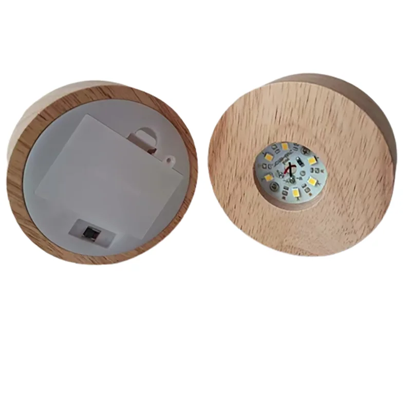 Battery Operated 8cm Round Wooden LED Light Dispaly Base Stand Holder 3D Table Night Lamp Base Crystal Glass Resin Art Ornaments