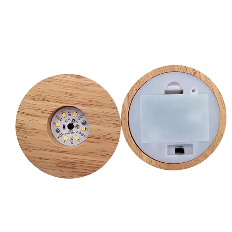 Battery Operated 8cm Round Wooden LED Light Dispaly Base Stand Holder 3D Table Night Lamp Base Crystal Glass Resin Art Ornaments