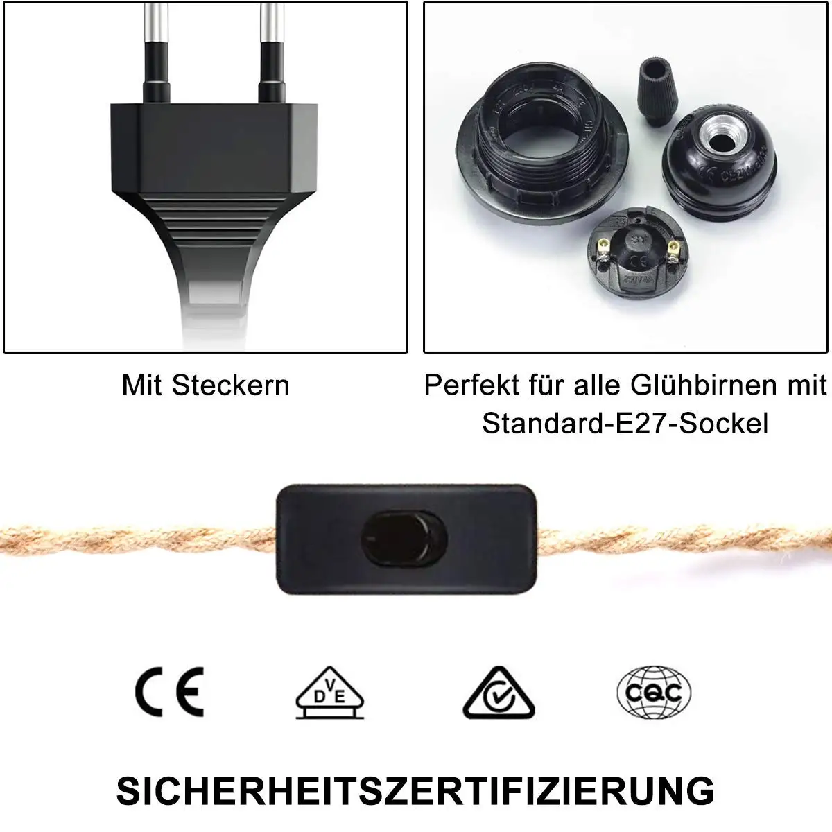 4.5M 3M Power Cord Pendant Light Twist Hemp Rope Cables E26 E27 Lamp Holder EU Plug with Switch Wire Socket Cord Cable
