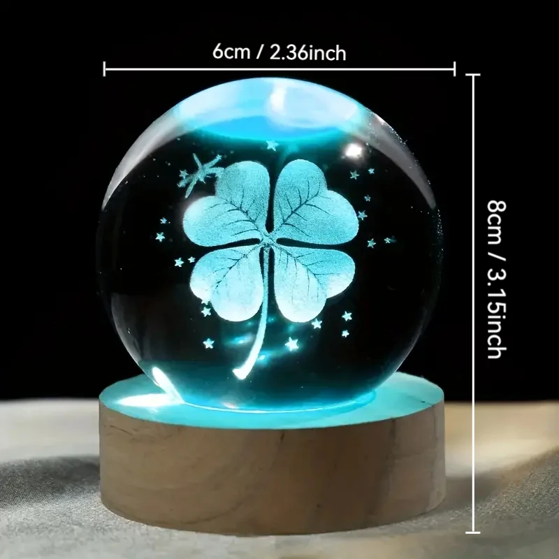 1pc 3D Four-Leaf Clover Crystal Ball with Colored Light Base, Family Bedroom Decoration Gift, Birthday, Mother's Day Gift
