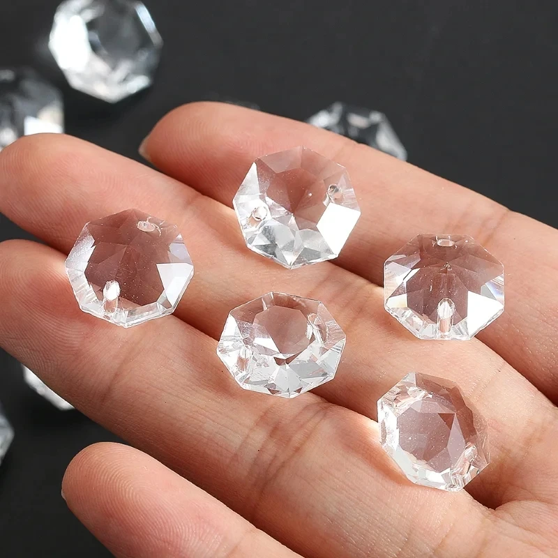 14mm 10PCS 3D Crystal Octagon Beads Chandelier Replacements Parts Hanging Pendant Prism Suncatcher Loose Bead DIY Jewelry Making