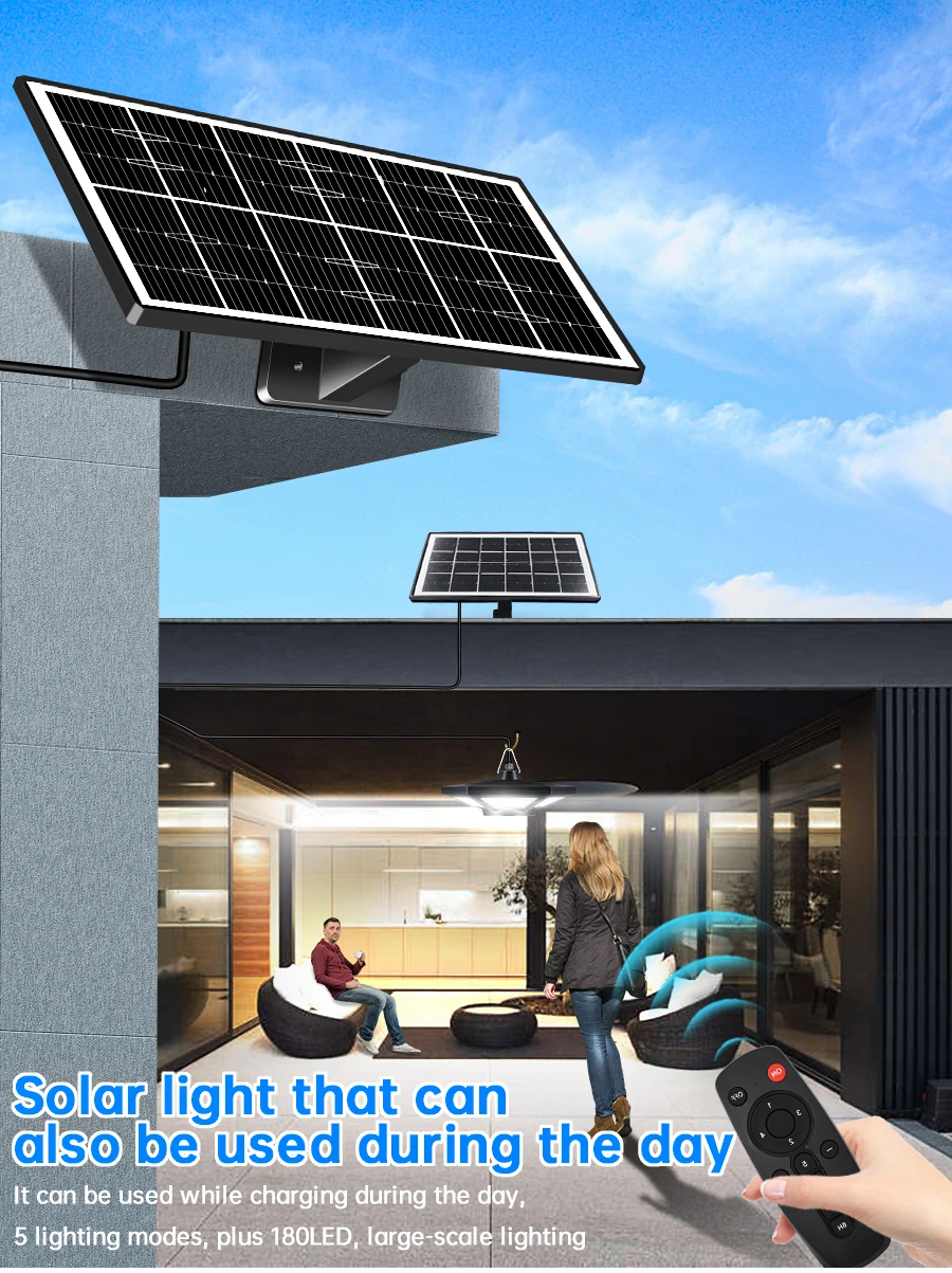 Solar Shed Light Solar Pendant Light For Indoor Outdoor 180 LED 1000LM Solar Lamp With Remote Control for Barn Gazebo Garage
