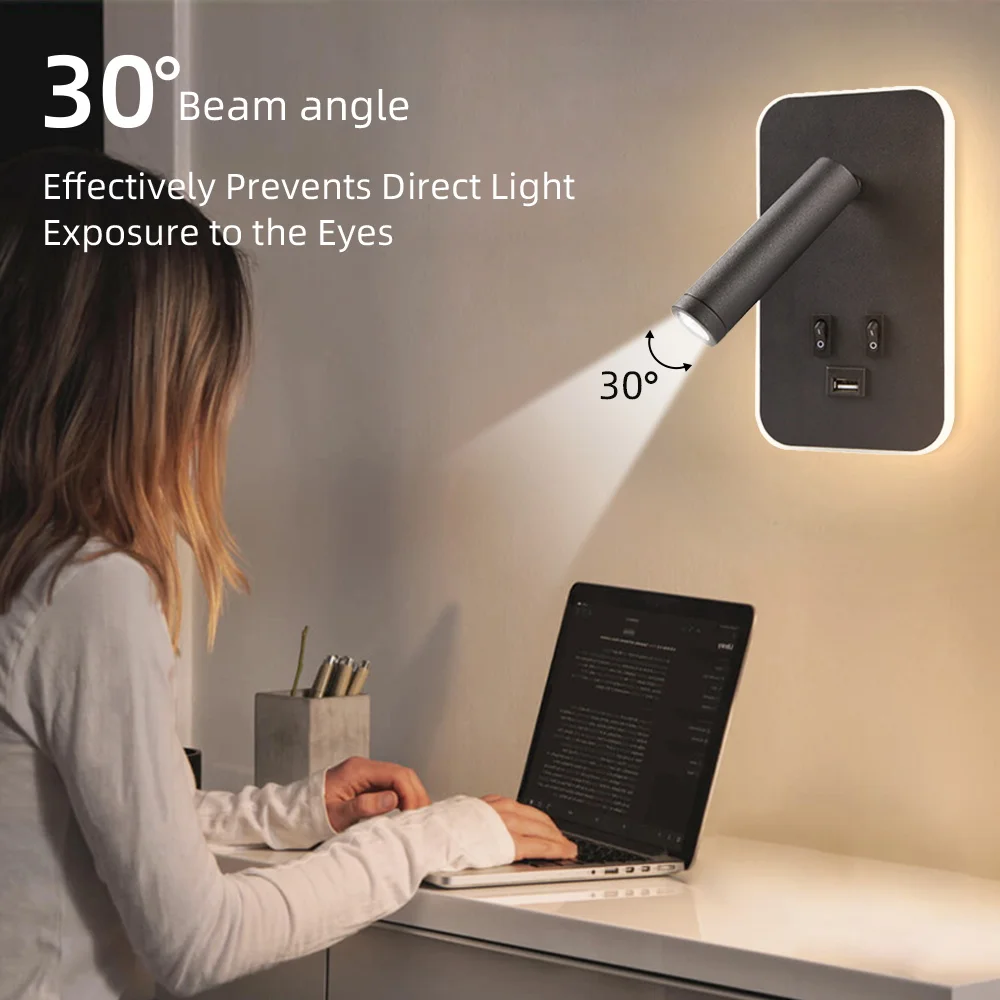 Chargeable USB Port Wall Lamp Rotatable Head Bedside Lighting Bedroom Led Wall Lights Home Decor Wall Sconce for Living Room