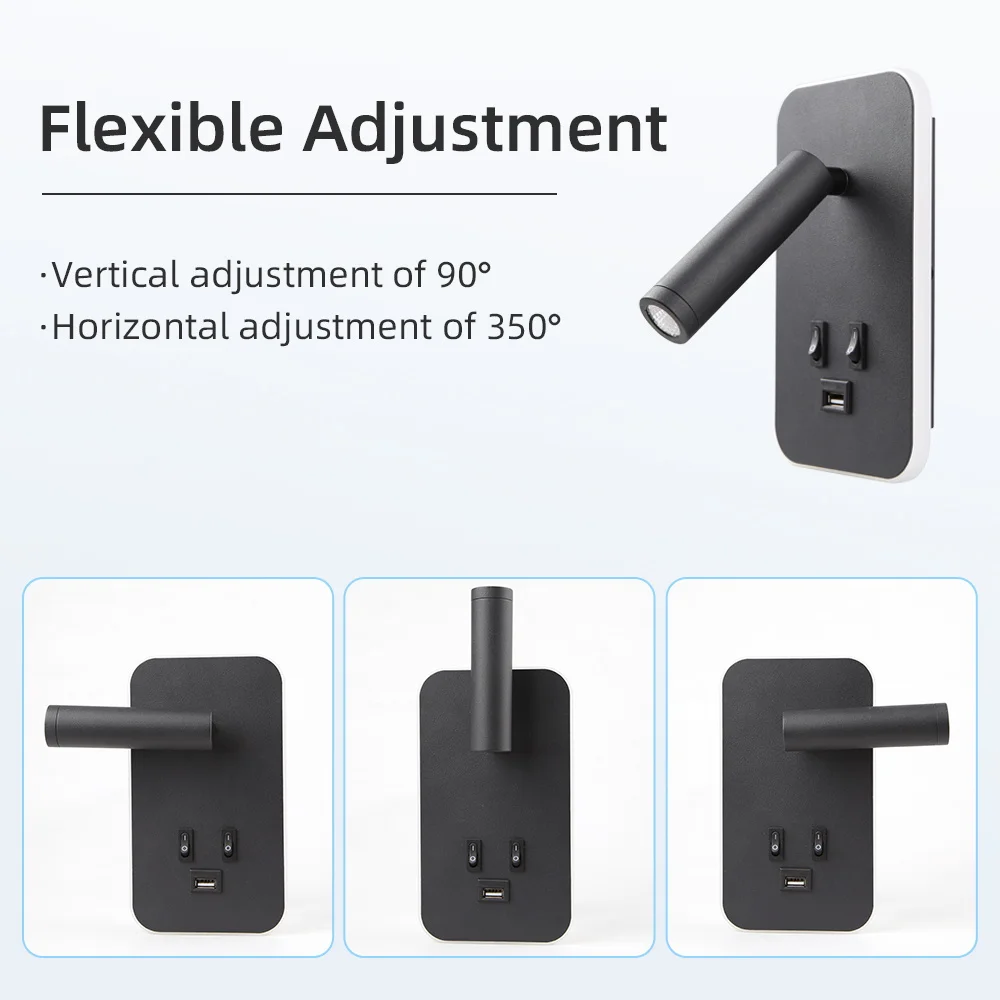Chargeable USB Port Wall Lamp Rotatable Head Bedside Lighting Bedroom Led Wall Lights Home Decor Wall Sconce for Living Room