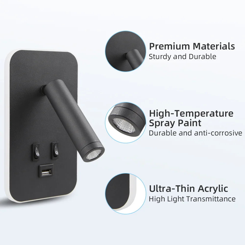 Chargeable USB Port Wall Lamp Rotatable Head Bedside Lighting Bedroom Led Wall Lights Home Decor Wall Sconce for Living Room
