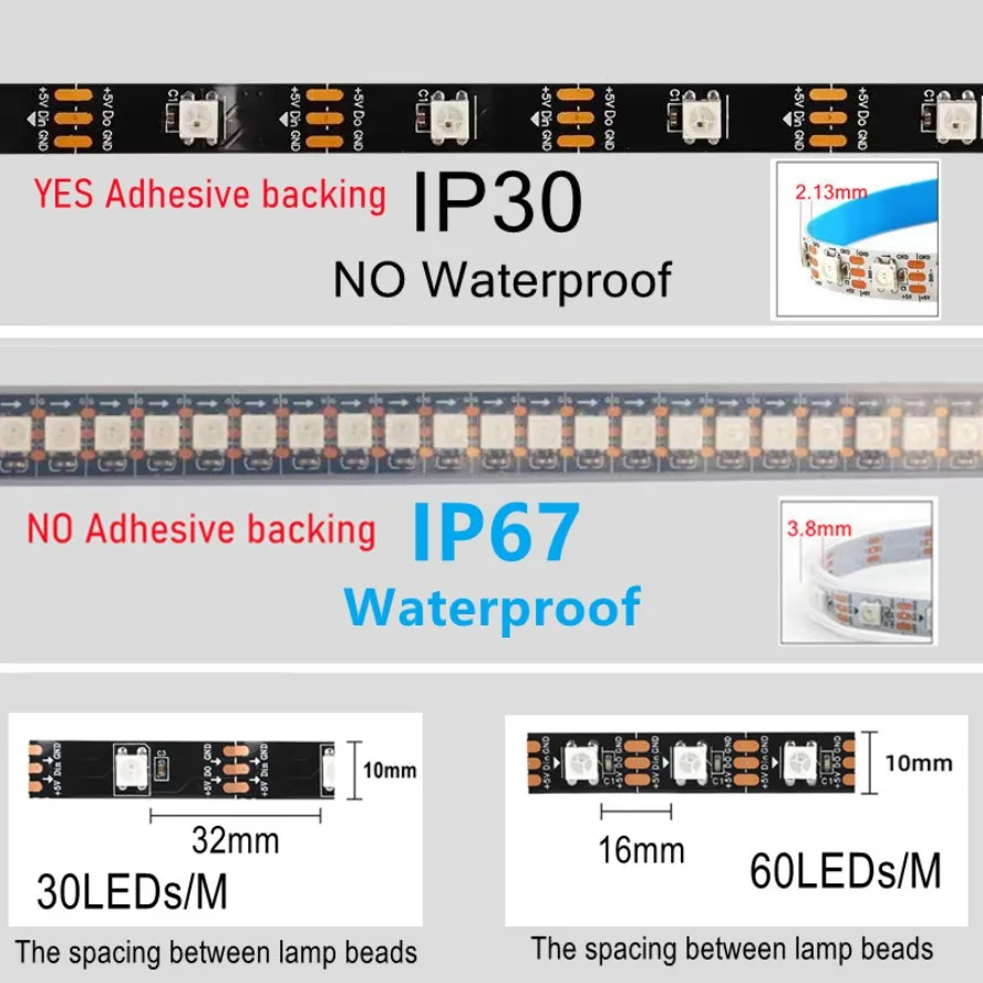 5m RGB Colored Light WS2812B 5050 RGBIC 5V Smart Waterproof LED Strip Individually Addressable IC 30/60/144Pixels/Leds/m Light