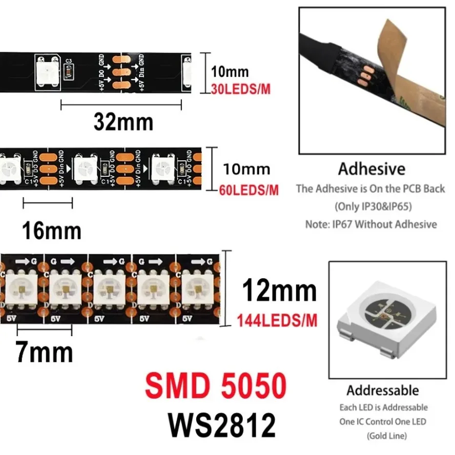 5m RGB Colored Light WS2812B 5050 RGBIC 5V Smart Waterproof LED Strip Individually Addressable IC 30/60/144Pixels/Leds/m Light