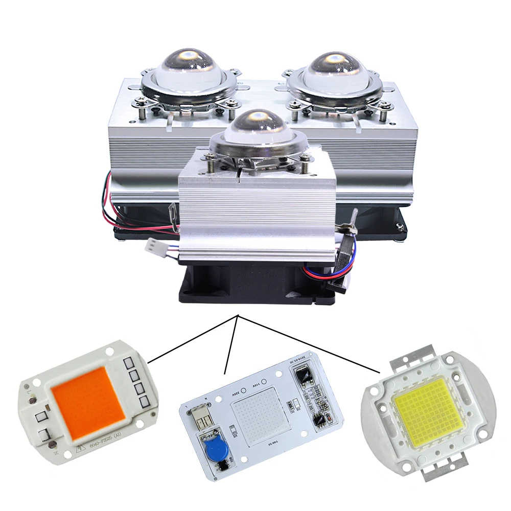 LED Heatsink Aluminium Cooling Radiator + 60 /120 Degrees 44mm Lenes + Reflector + Bracket 12V Fans For 20W 30W50W 100W Chip COB