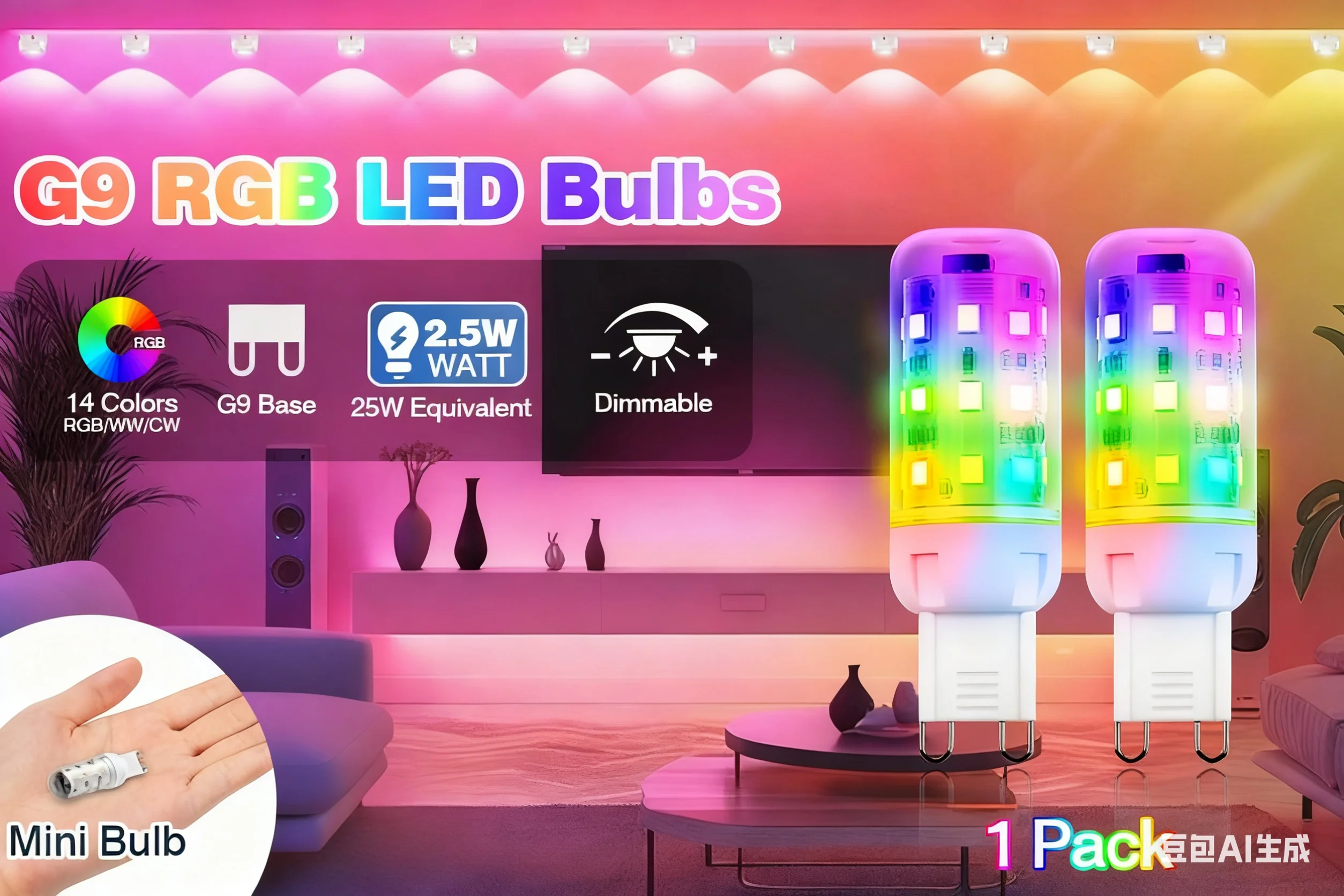 G9 LED Bulb Dimmable,12 Color RGB+Warm White 3000K Color Changing with IR Remote Control Control, AC100-240V, Halloween,1 Pack