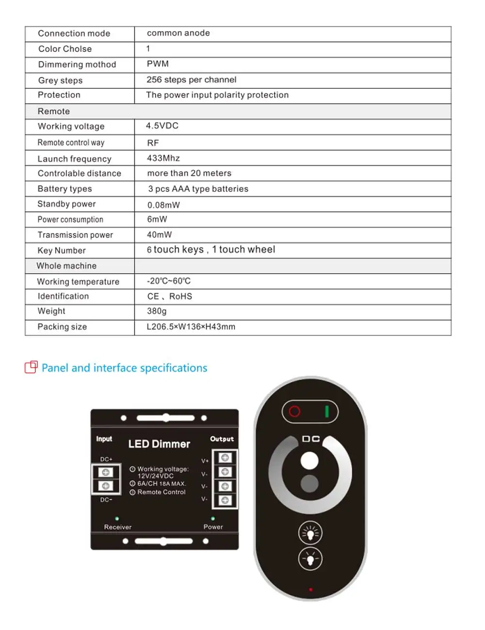 LED Touch Remote Control DC12V-24V 18A PWM LED Light Strip Dimmer with Adjustable Sliding Remote Control, Adjustable Brightness