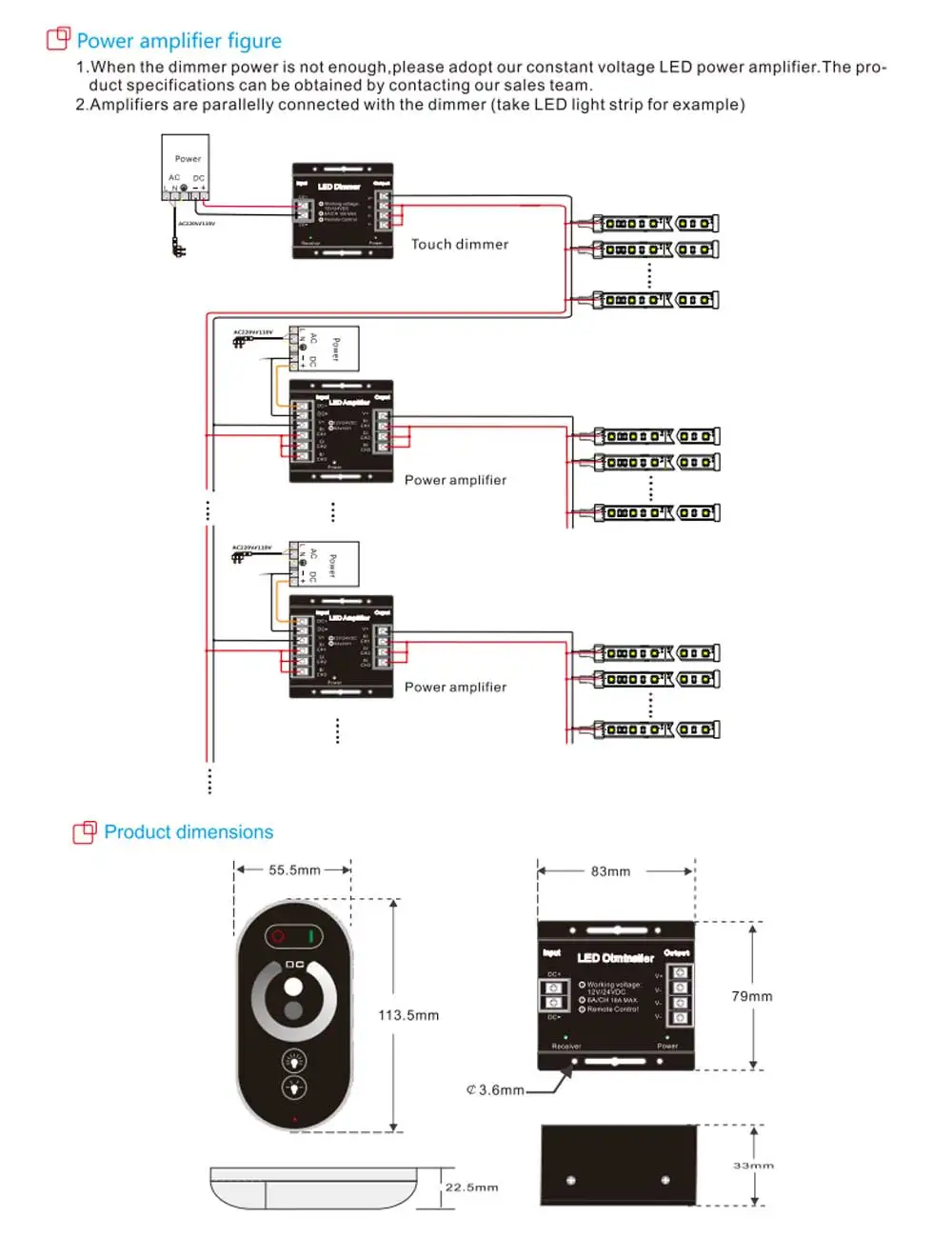 LED Touch Remote Control DC12V-24V 18A PWM LED Light Strip Dimmer with Adjustable Sliding Remote Control, Adjustable Brightness