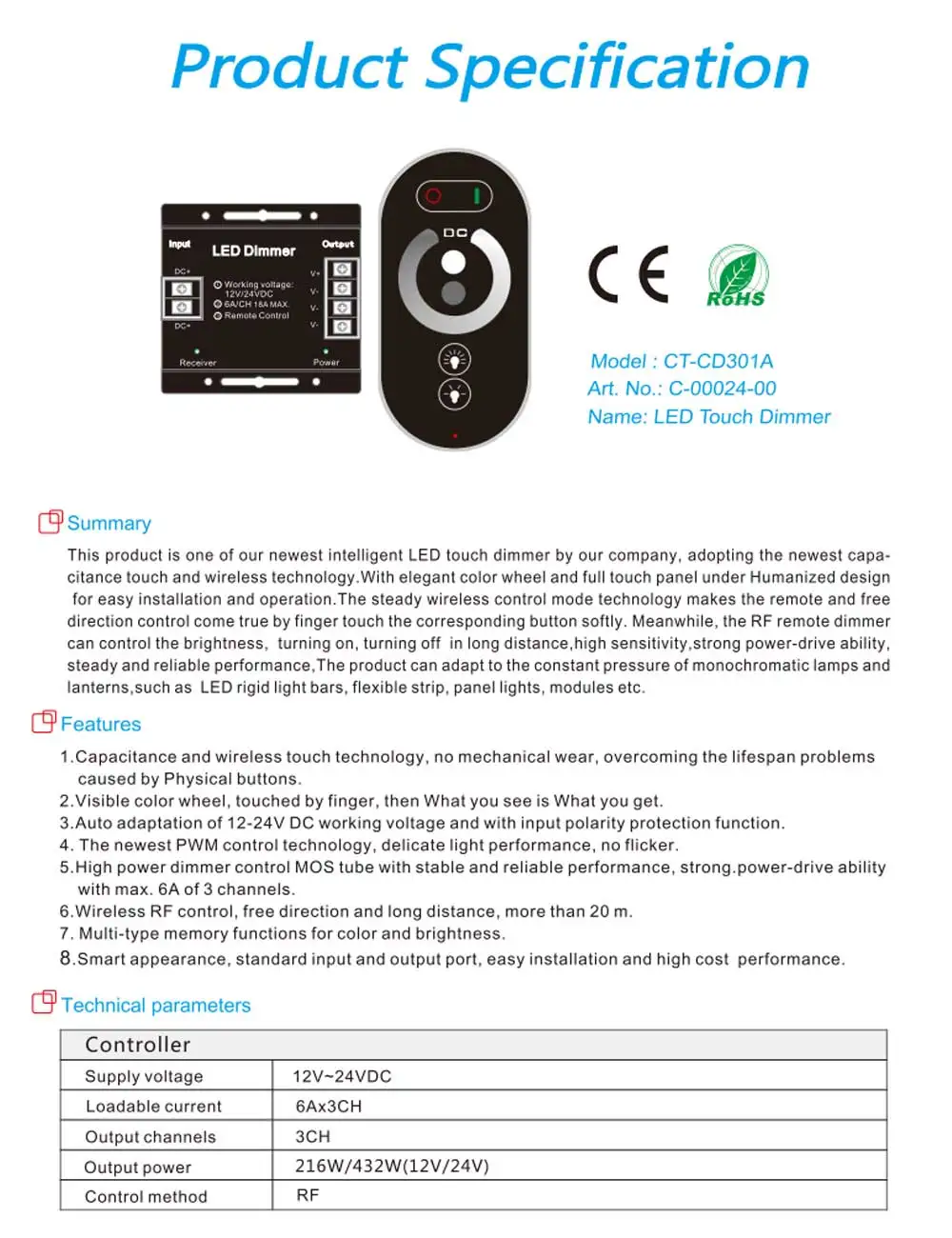 LED Touch Remote Control DC12V-24V 18A PWM LED Light Strip Dimmer with Adjustable Sliding Remote Control, Adjustable Brightness